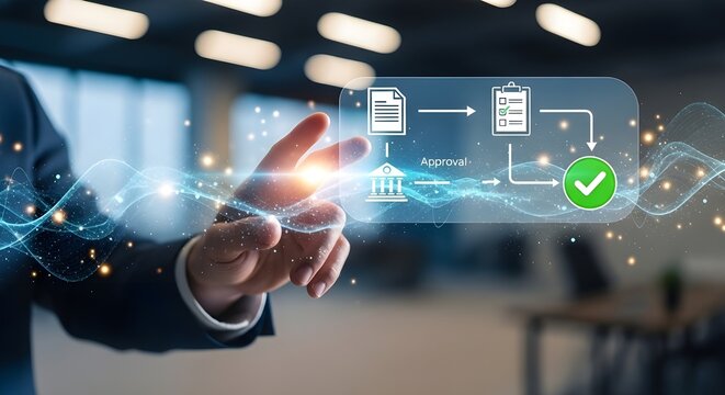 A businessman interacts with a futuristic digital interface showing a streamlined financial approval workflow and automated payment processing system.