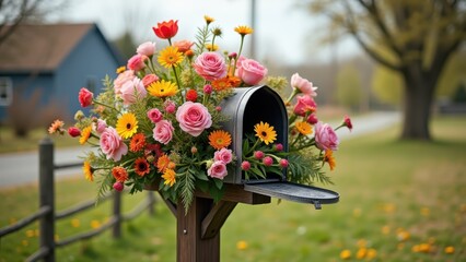 Flowers overflowing from mailbox, colorful spring bouquet with pink roses and yellow daisies, concept of floristry, spring, gardening