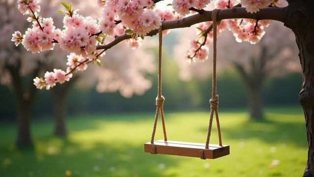 Wooden swing hanging under cherry blossoms, rope seat beneath pink spring flowers, concept of childhood, recreation, spring