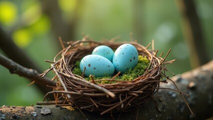 Obraz premium Bird nest with blue speckled eggs, twigs moss construction natural materials, spring nesting wildlife reproduction, tree branch outdoor setting peaceful
