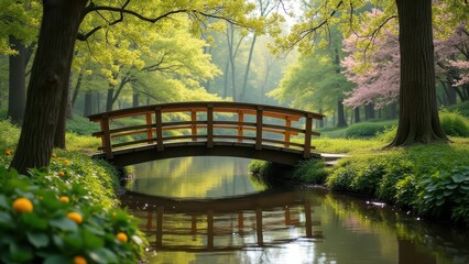 Wooden bridge crossing stream surrounded greenery, spring forest park peaceful setting, blooming trees flowers lining pathway, harmony romantic walkway