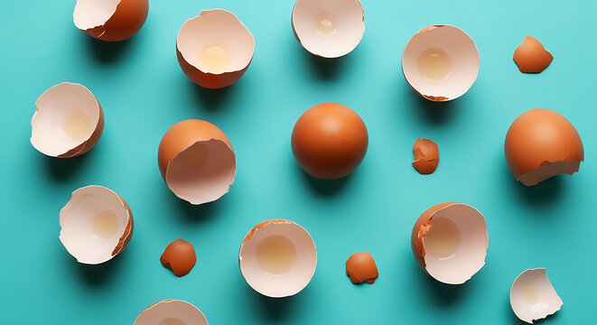 Brown eggshells and whole eggs scattered on a teal background broken