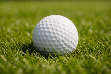 Fototapeta premium White golf ball resting on green grass in sunlight, symbolizing sport and outdoor recreation.