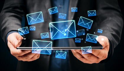 Businessman holding tablet with glowing email icons floating above, symbolizing digital communication and connectivity in modern technology concept.
