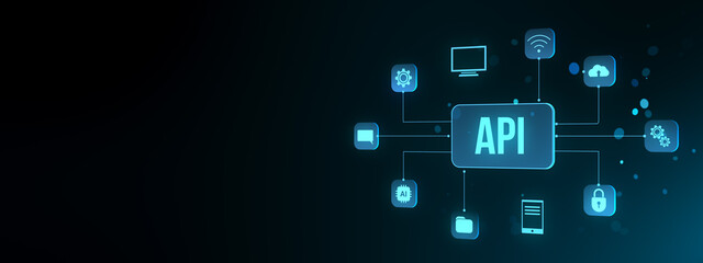 Naklejka premium API interface structure with neon blue tech icons on dark background, clean modern design with concept of data network communication system. 3D Rendering