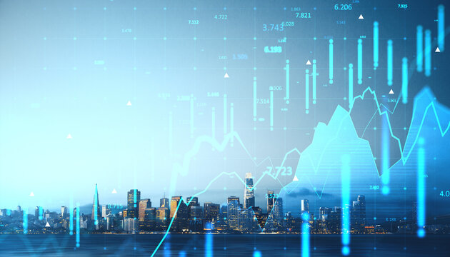 Financial graph overlay on cityscape with glowing data bars and rising analytics on blue gradient background representing global market trends.