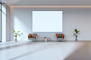 Modern waiting area with blank canvas display on wall, two chairs, table, and plants in stylish interior room with natural lighting and clean design. 3D Rendering
