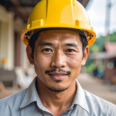 Portrait of a smiling Asian construction worker in a yellow hard hat