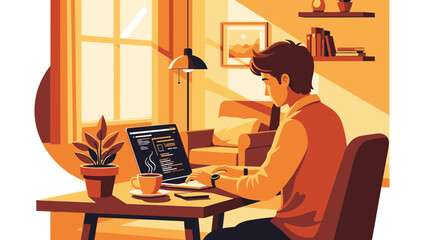 Fototapeta premium Man working on laptop in a cozy home office with a plant on the desk viewed from behind