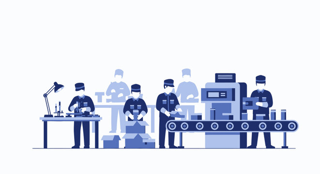 Industrial workers operating machinery and inspecting products on a production line in a factory setting from a frontal viewpoint