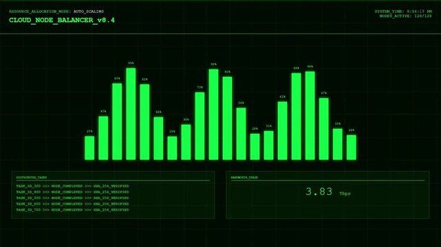 Futuristic Green HUD Interface: Cloud Node Balancer with Data Visualization Bar Charts and TBPS Bandwidth Counter.