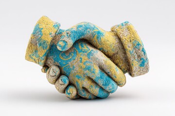 Fototapeta premium Artistic rendering of clasped hands; blue and gold hues. Sculpture with textured finish