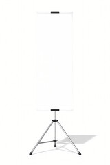 Blank white vertical presentation banner stand with tripod base isolated on white background for marketing or event display concept