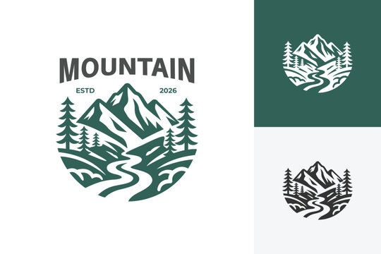 Mountain River with Pine Tree Logo Icon Design. Vintage Outdoor Adventure Concept Symbol for Camping Brand, Hiking Club, Nature Park, and Landscape Identity Logo