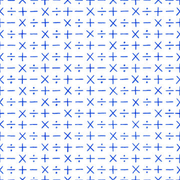 Blue watercolor arithmetic symbol seamless pattern background