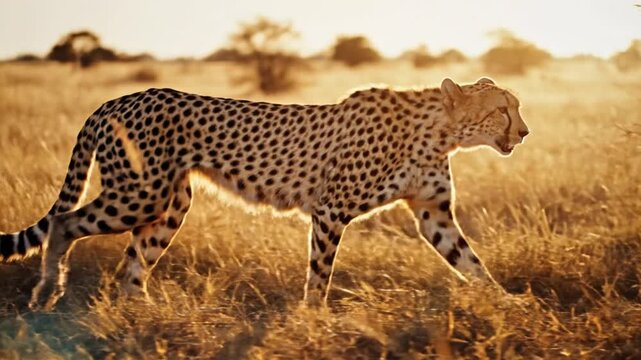 Cheetah walking through golden grass in African savanna at sunset