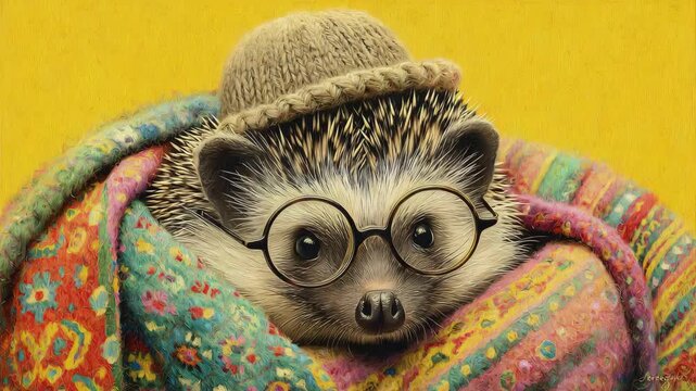 Cozy Hedgehog Wearing Glasses and Hat Stock Video