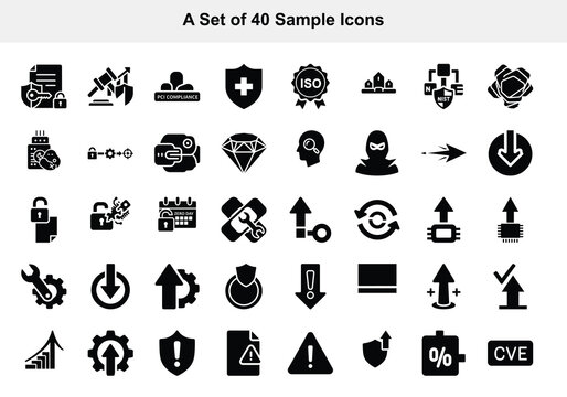A collection of forty monochrome icons depicting various concepts like security data tools and alerts high quality professional detailed modern elegant