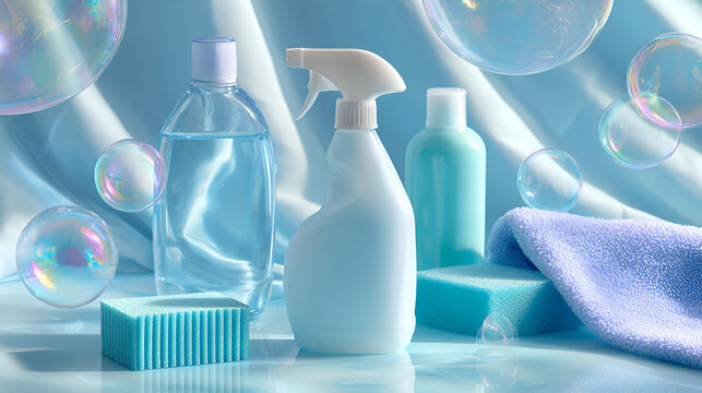 Zestaw środk&oacute;w do sprzątania i mycia na niebieskim tle z bańkami &ndash; czystość, higiena i domowe porządki.