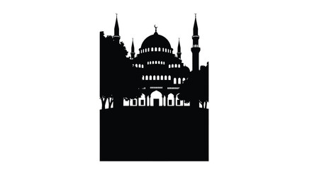 Silhouette of a mosque with domes and minarets against a white background © Md