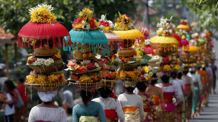 Saraswati Festival, Devotees Carrying Decorated Offerings in Saraswati Festival Procession Honoring Goddess of Knowledge and Wisdom