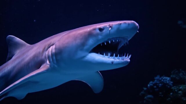 Close-up of a sand tiger shark swimming in the deep blue ocean, showcasing its sharp teeth and powerful presence.