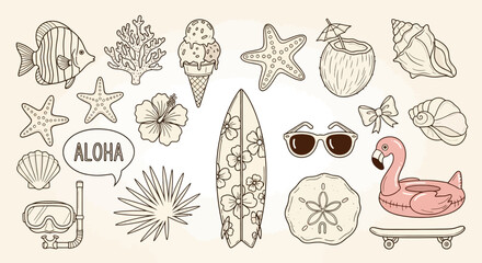 Summer Beach Vacation Tropical Elements Collection with Surfboard, Flamingo Float and Coconut Drink