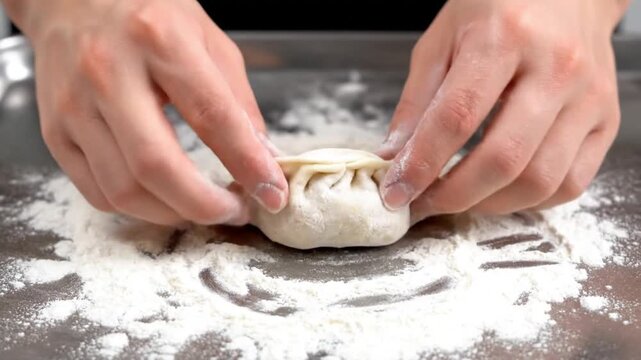 Close-up of hands kneading dough on a floured surface, preparing homemade pastries or bread from scratch.