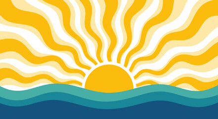Retro Style Sunburst Over Wavy Ocean Waves, Vintage Summer Vibe © deriwan