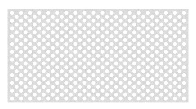 Gray perforated metal sheet with staggered circular holes in offset pattern