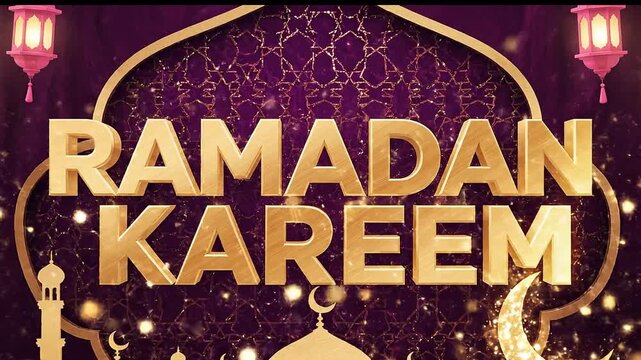Ramadan kareem elegant golden calligraphy text with shimmering particles over an islamic pattern background