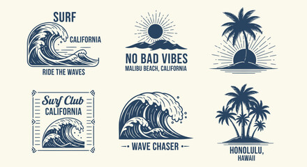 Vintage Surf Culture Badges and Emblems Featuring Ocean Waves and Palm Trees
