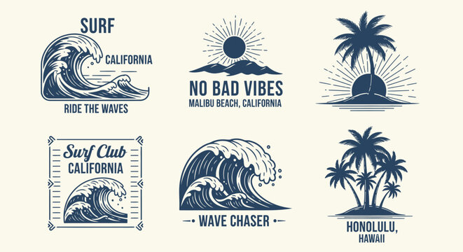 Vintage Surf Culture Badges and Emblems Featuring Ocean Waves and Palm Trees