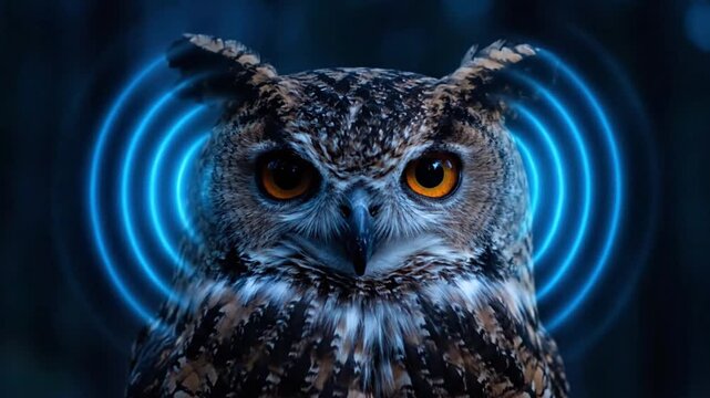 Majestic Eurasian Eagle-Owl with Glowing Eyes and Echolocation Waves in Dark Forest.