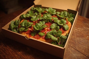 pizza box filled with salad 