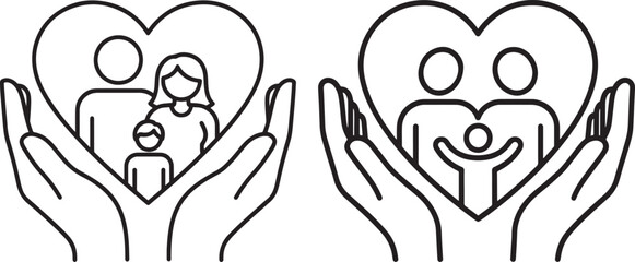 Naklejka premium Line art illustration of hands cradling families within hearts, symbolizing protection, love, and insurance.