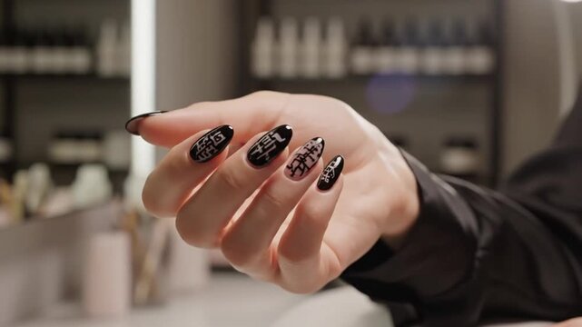 Close-up of a hand with black nail polish and intricate designs, perfect for beauty and fashion