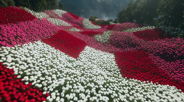 Vibrant flowers create a stunning landscape resembling the Swiss flag.