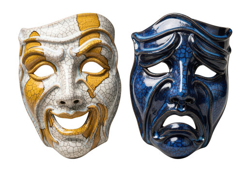 comedy and tragedy masks 3D theatrical faces on transparent background
