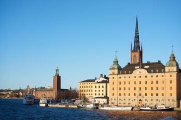 Obraz premium View of the sea and Riddarholmskyrkan in Stockholm