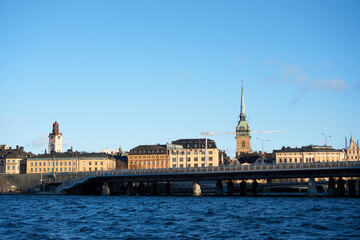 Fototapeta premium View of the sea and Riddarholmskyrkan in Stockholm