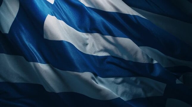 Waving Greek flag, symbolizing national pride and heritage against a dramatic backdrop.