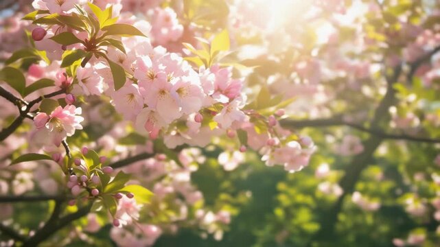 Beautiful blooming cherry blossom tree with pink flowers and sunlight in spring garden