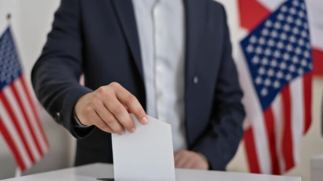 Person casting a vote in election polling station with American flag in background