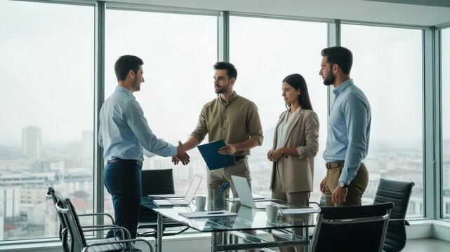 Business professionals shaking hands in a modern office with a city view
