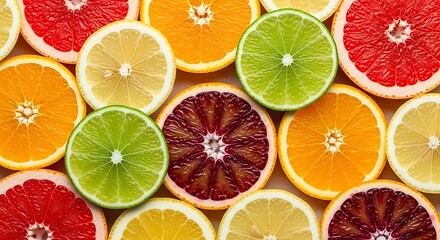 Fototapeta premium Vibrant citrus slices in a colorful arrangement of oranges, lemons, limes, and grapefruits