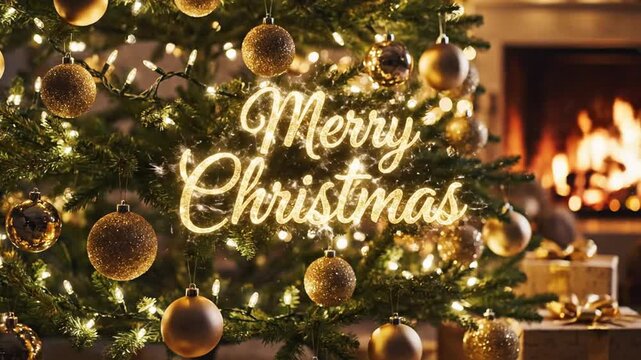 Christmas tree with 'Merry Christmas' sign, gifts, and glowing fireplace.