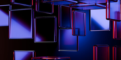 Cyber elements made of transparent glass and liquid acrylic purple blue glow on black backdrop cinematic tech background design cover art visuals 3d rendering © IM_VISUALS