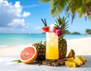 Tropical beverage with fresh fruit and beach backdrop