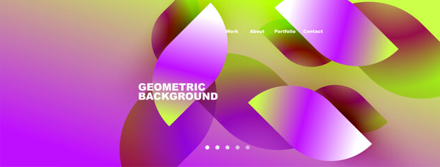 Fototapeta premium Abstract geometric background. Vibrant purple, pink hues blend. Text reads Geometric Background, navigation visible above. Modern design elements present.